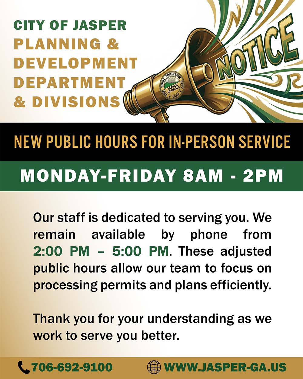New Hours for Jasper Planning and Development Department and Other Divisions - In person Monday-Friday from 8 am to 2 pm
